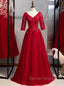 A Line Burgundy Tulle Lace Appliques Short Sleeve Prom Dresses