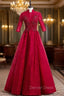 A Line Burgundy Tulle Lace High Neck Short Sleeve Prom Dresses