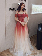 A Line Burgundy Tulle Long Prom Dress, Burgundy Tulle Formal Dress