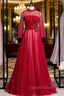 A Line Burgundy Tulle Long Sleeve Backless Prom Dresses
