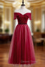 A-Line Burgundy Tulle Off the Shoulder Tea Length Prom Dresses