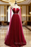 A Line Burgundy Tulle Saghetti Straps Beading Prom Dresses
