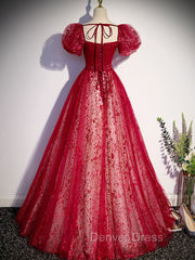 A Line Burgundy Tulle Sequin Long Prom Dresses, Burgundy Formal Dresses