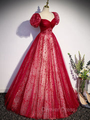 A Line Burgundy Tulle Sequin Long Prom Dresses, Burgundy Formal Dresses