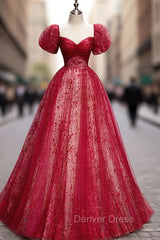 A Line Burgundy Tulle Sequin Long Prom Dresses, Burgundy Formal Dresses