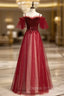 A Line Burgundy Tulle Spaghetti Straps Appliques Prom Dresses