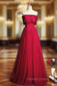 A-Line Burgundy Tulle Strapless Beading Prom Dresses