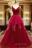 A-Line Burgundy Tulle V-neck Backless Beading Prom Dresses