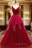 A Line Burgundy Tulle V Neck Backless Beading Prom Dresses