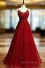 A-Line Burgundy Tulle V-neck Embrodiery Prom Dresses