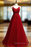 A Line Burgundy Tulle V Neck Embrodiery Prom Dresses