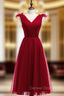 A-line Burgundy Tulle V-neck Pleats Beading Tea Length Prom Dresses