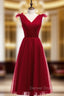 A Line Burgundy Tulle V Neck Pleats Beading Tea Length Prom Dresses
