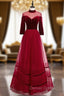 A-Line Burgundy Tulle Velvet High Neck Long Sleeve Prom Dresses