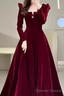 A Line Burgundy Velvet Long Prom Dress