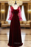 A-Line Burgundy Velvet Long Sleeve Backless Prom Dresses