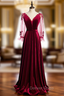 A Line Burgundy Velvet Long Sleeve V Neck Prom Dresses