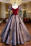 A Line Burgundy Velvet Short Sleeve Bow Prom Dresses