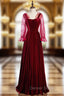 A Line Burgundy Velvet Square Long Sleeve Wave Point Prom Dresses