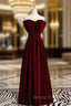 A-Line Burgundy Velvet Strapless Long Prom Dresses With Bow