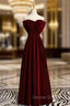 A Line Burgundy Velvet Strapless Long Prom Dresses With Bow