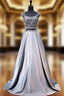 A Line Cap Sleeve Beaded Crystals Grey Backless Two Piece Prom Dresses