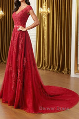 A Line Cap Sleeves Burgundy Lace Long Prom Dresses with Appliques, Burgundy Formal Dresses, Burgundy Evening Dresses