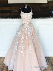 A Line Champagne Lace Wedding Dresses, Champagne Lace Prom Formal Evening Dresses With Corset Back