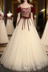 A line champagne long prom Dresses, champagne tulle formal evening Dresses