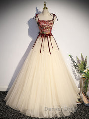A line champagne long prom Dresses, champagne tulle formal evening Dresses