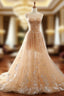A Line Champagne Tulle Backless Appliques Wedding Dresses