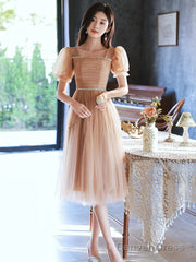 A-Line Champagne Tulle Short Prom Dress, Champagne Homecoming Dress