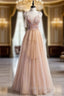 A Line Champagne Tulle Spaghetti Straps Beading Prom Dresses