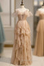 A-Line Champagne Tulle V-neck Pleats Prom Dresses