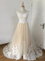 A Line Champagne with White Lace Round Neckline Prom Dress, Beautiufl Wedding Prom Dresses