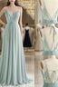A-Line Chiffon Lace Long Prom Dresses, Green Spaghetti Strap Backless Evening Dresses