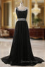 A Line Chiffon Scoop Neck Black Prom Dresses Pleat Sequined Waist