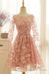 A-Line Crew Knee-Length 3/4 Sleeves Pink Lace Homecoming Dress