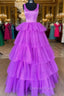 A Line Crew Neck Lilac Tiered Tulle Long Prom Dresses