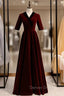 A-Line Dark Burgundy Short Sleeve V-neck Prom Dresses
