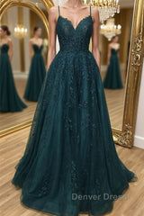 A Line Dark Green Tulle Lace Long Prom Dresses, Dark Green Lace Formal Graduation Evening Dresses
