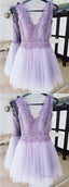 A-Line Deep V-Neck Backless Lilac Short Homecoming Dresses With Lace