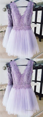 A-Line Deep V-Neck Backless Lilac Short Homecoming Dress With Lace