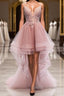 A Line Deep V Neck Beaded Appliques Multi Layers Hi Low Prom Dresses