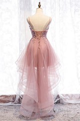 A-line Deep V Neck Beaded Appliques Multi-Layers Hi-Low Formal Dresses