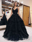 A Line Deep V Neck Tiered Long Glitter Tulle Prom Dresses