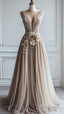 A Line Deep V Neck Tulle Applique Long Ball Gowns Bridesmaid Dresses