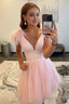 A Line Deep V Neck Tulle Homecoming Dresses with Feathers