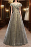 A Line Prom Gowns Elegant Dresses Wedding Guest Engagement Floor Length Short Sleeve Illusion Neck Tulle With Pleats