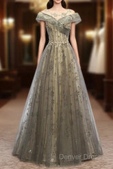 A-Line Evening Gown Elegant Dresses Wedding Guest Engagement Floor Length Short Sleeve Illusion Neck Tulle With Pleats